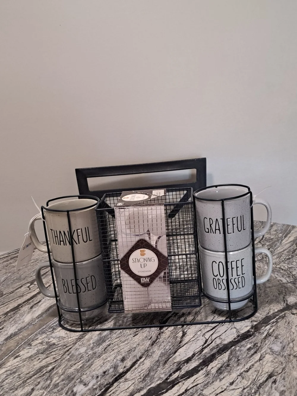 Stacking Ceramic Coffee Mug Set with Metal Carrier